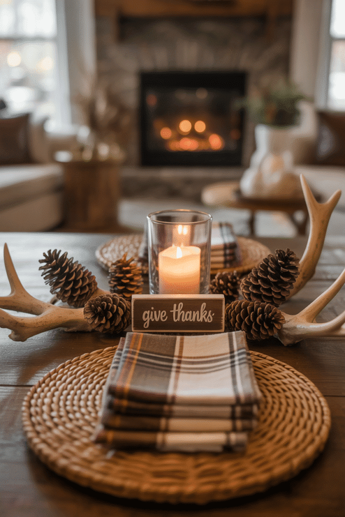 Woodland-inspired Thanksgiving table with pinecones and rustic touches.