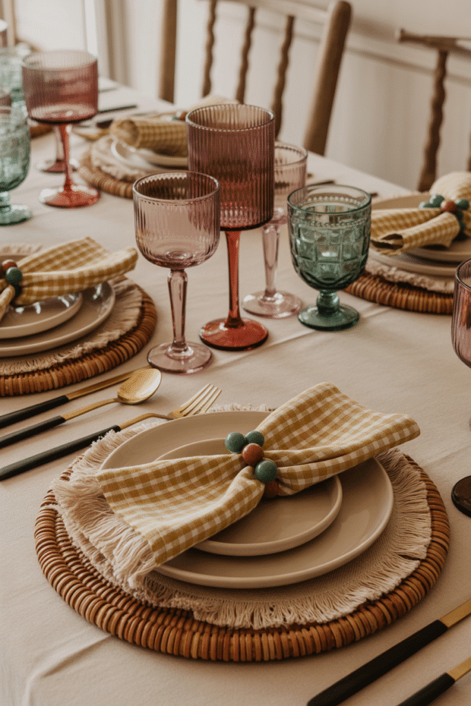 Bohemian Thanksgiving table setting with layered textiles and patterns.