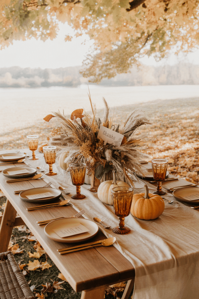 Bohemian Thanksgiving table setting with layered textiles and patterns.