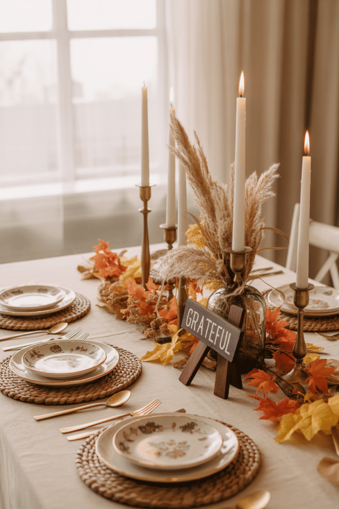 Bohemian Thanksgiving table setting with layered textiles and patterns.