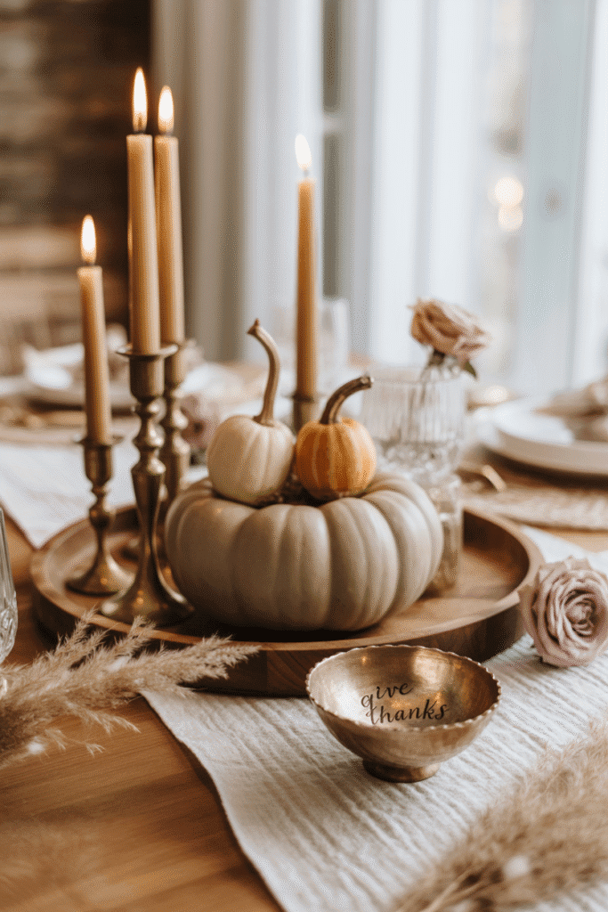 Bohemian Thanksgiving table setting with layered textiles and patterns.