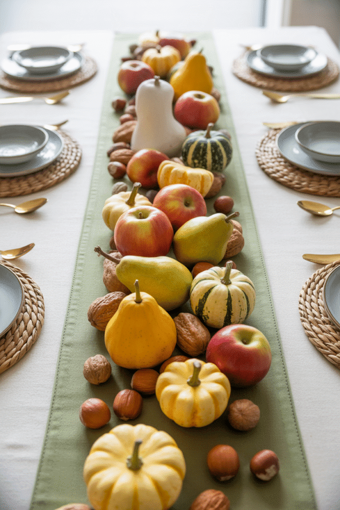 Thanksgiving harvest table runner with fruit, gourds, and nuts.