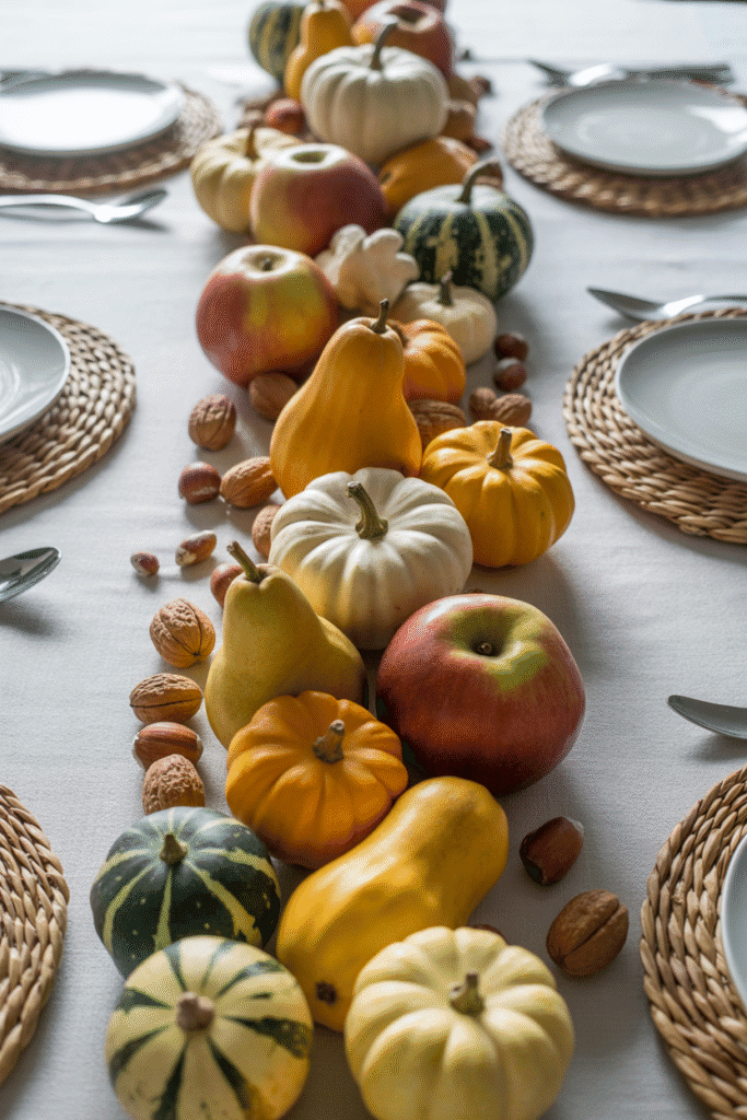 Thanksgiving harvest table runner with fruit, gourds, and nuts.