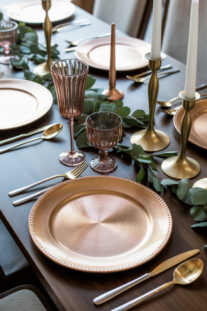 Metallic Thanksgiving table setting with gold, silver, and copper.