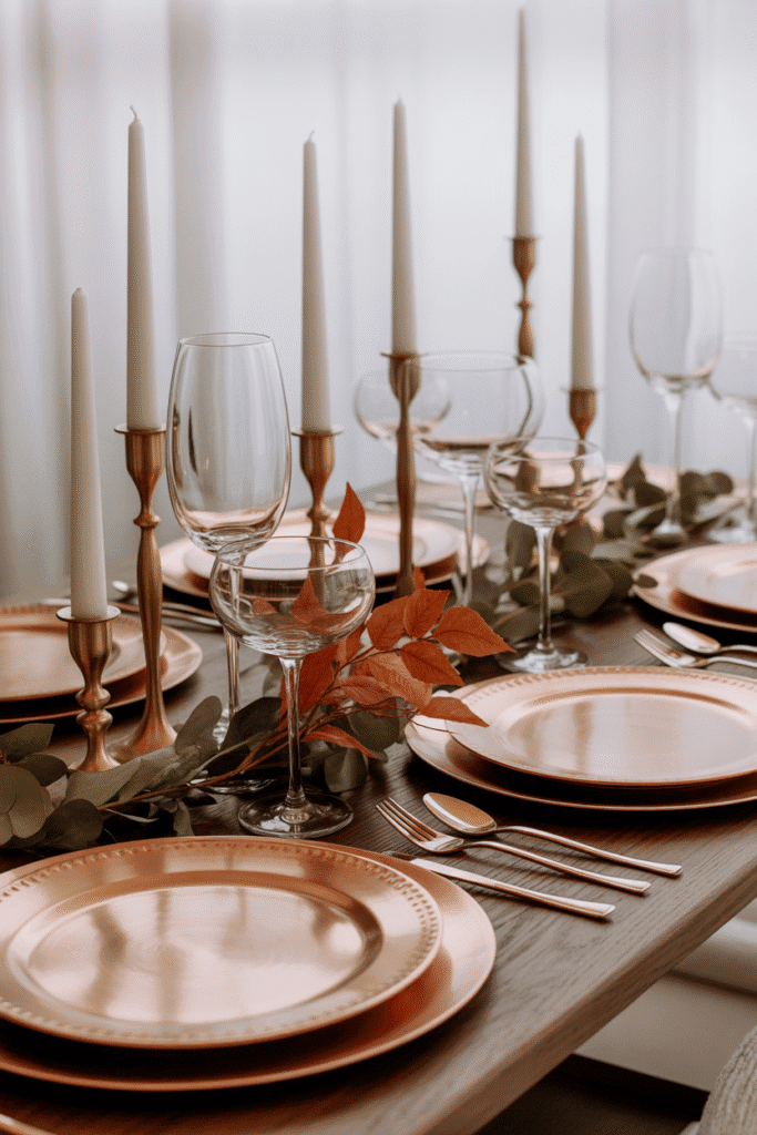 Metallic Thanksgiving table setting with gold, silver, and copper.