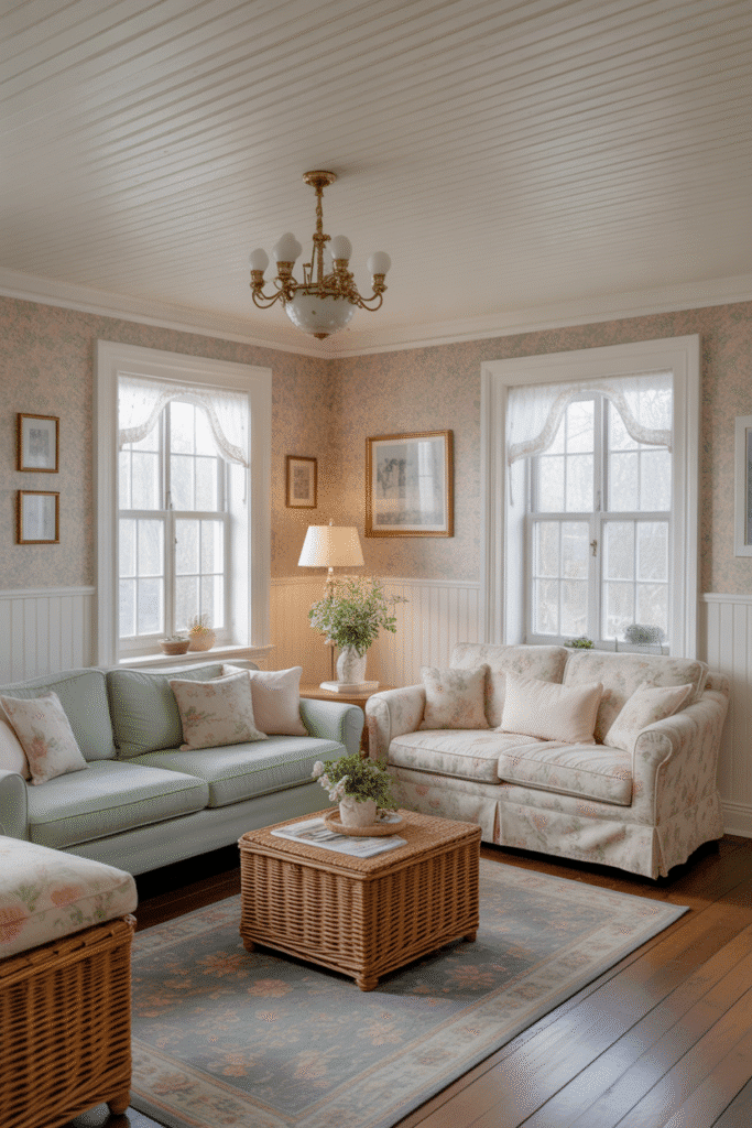 Beadboard ceiling enhances cozy cottage charm with vertical groove detailing.