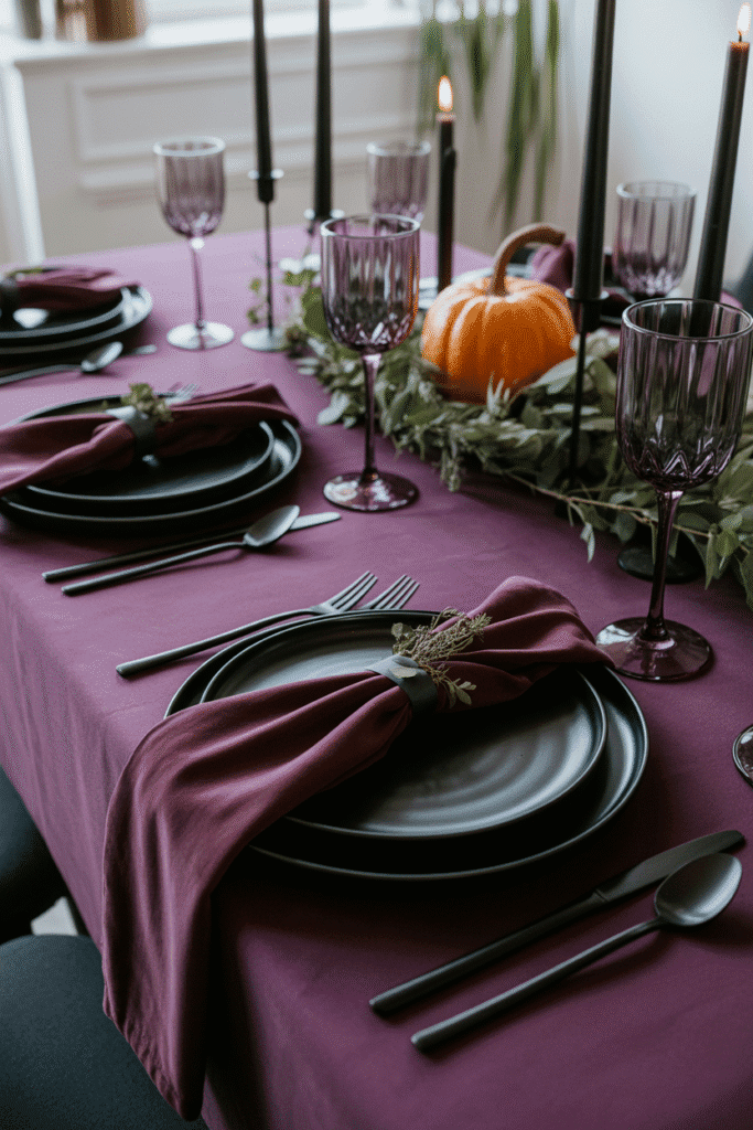 Dramatic Thanksgiving table with dark plum and black accents.