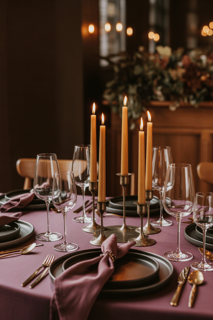 Dramatic Thanksgiving table with dark plum and black accents.