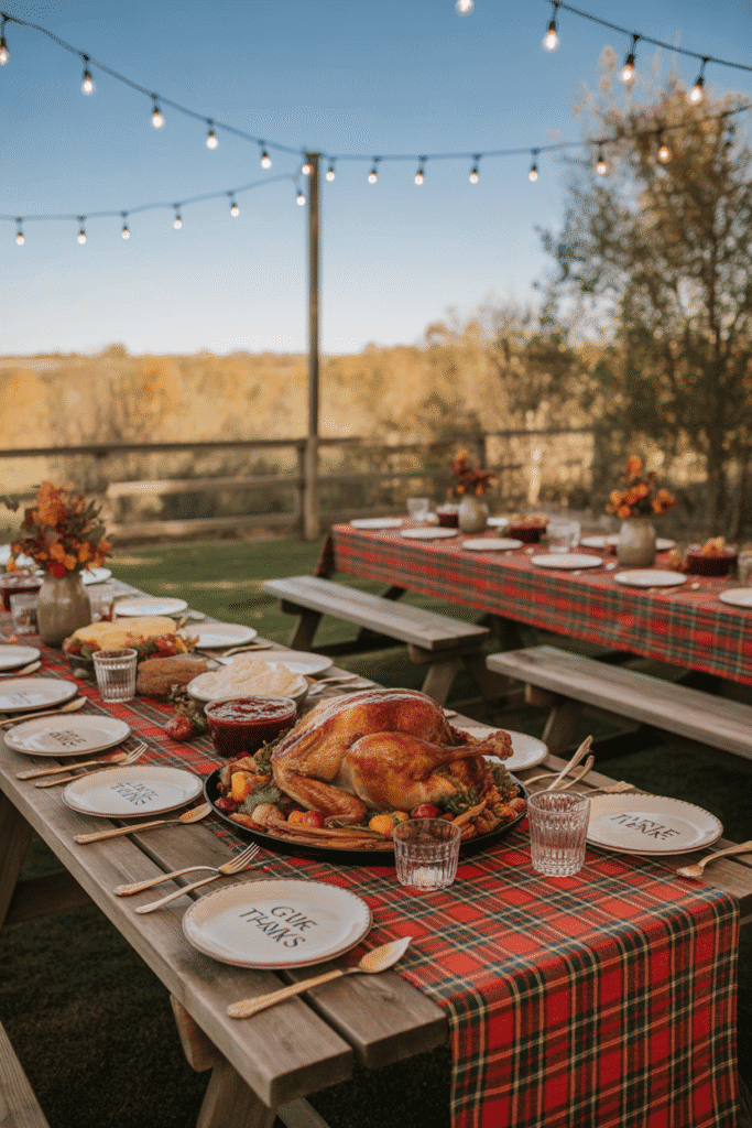 Outdoor Thanksgiving table with picnic benches and plaid decor.