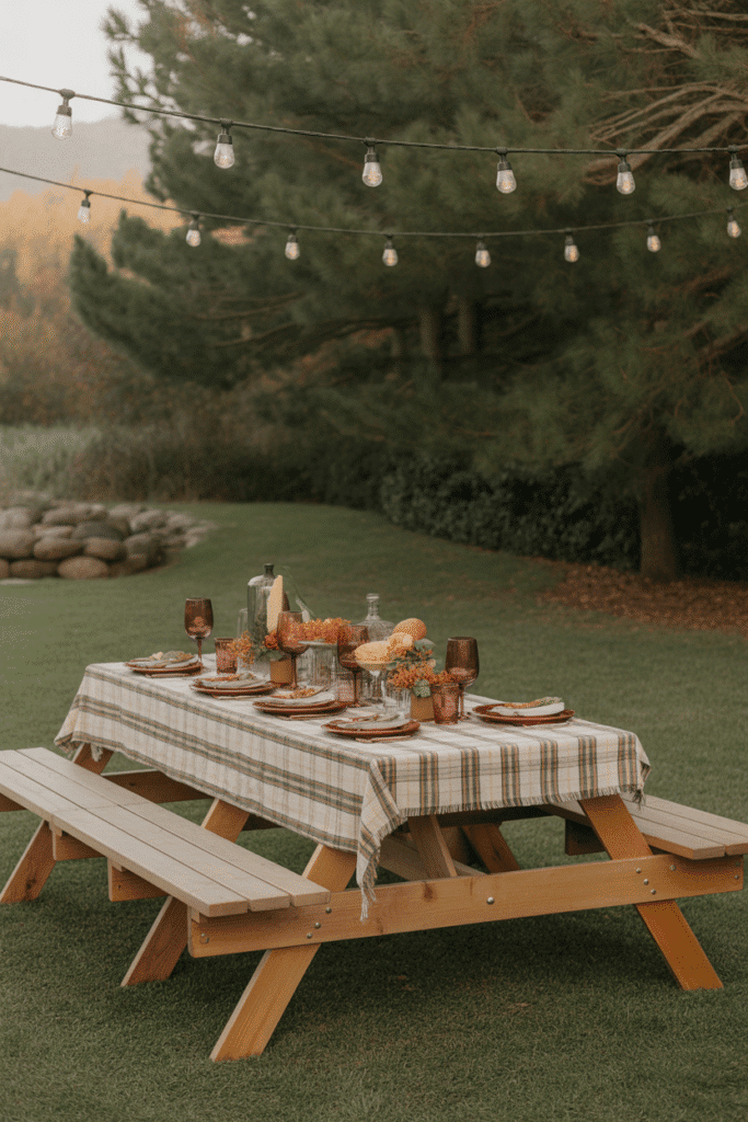 Outdoor Thanksgiving table with picnic benches and plaid decor.