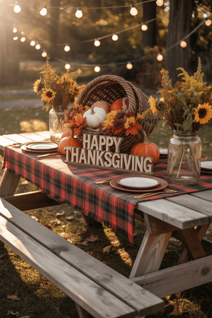Outdoor Thanksgiving table with picnic benches and plaid decor.