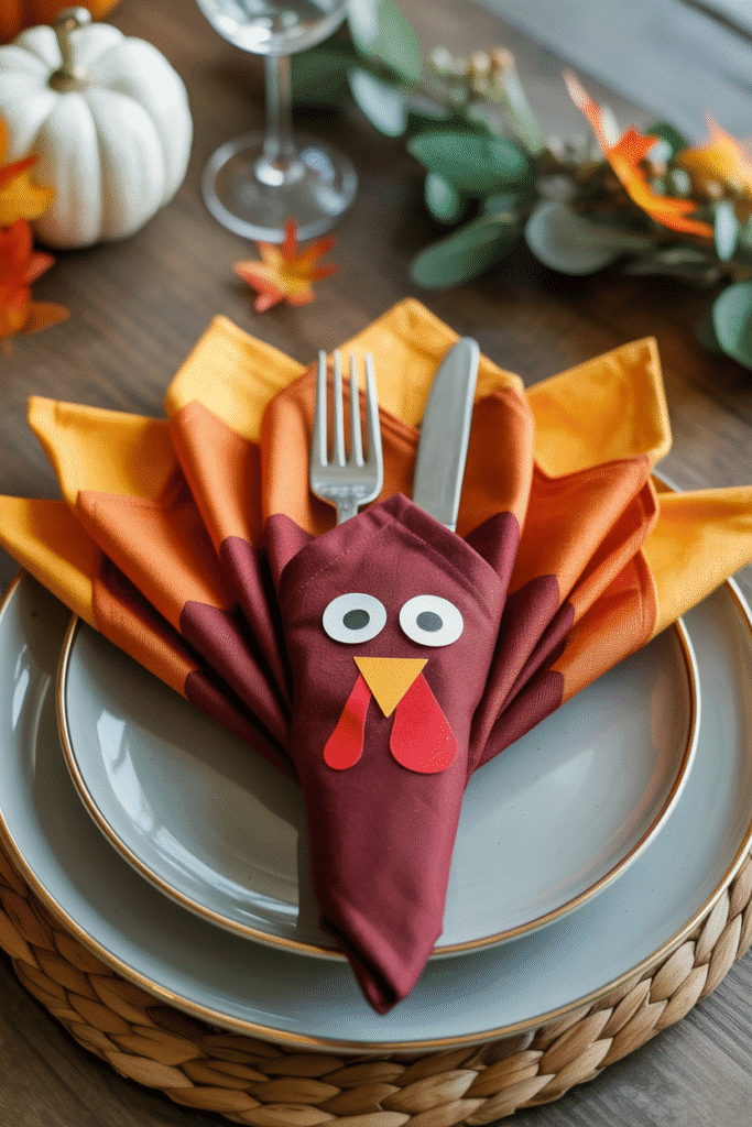 Thanksgiving napkin folded into a festive turkey design.