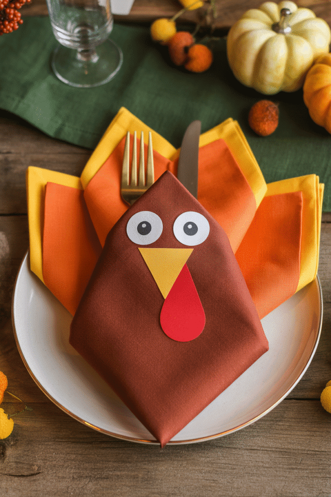 Thanksgiving napkin folded into a festive turkey design.