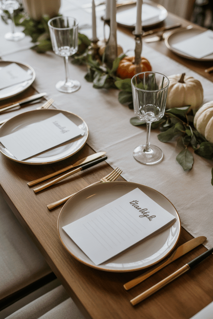 Thanksgiving table with gratitude cards at each place setting.