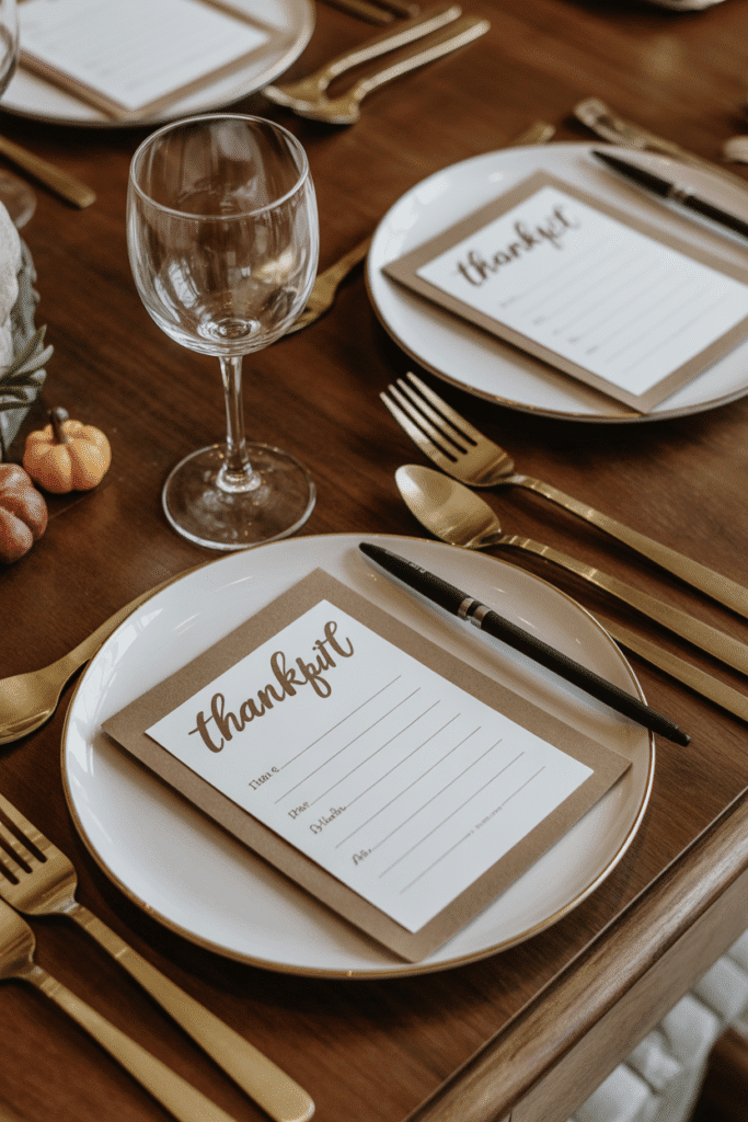Thanksgiving table with gratitude cards at each place setting.