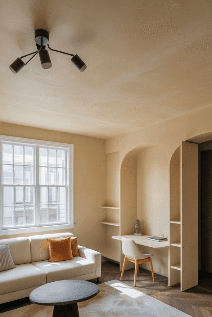 Venetian plaster ceiling adds soft texture and richness to dramatic interiors.