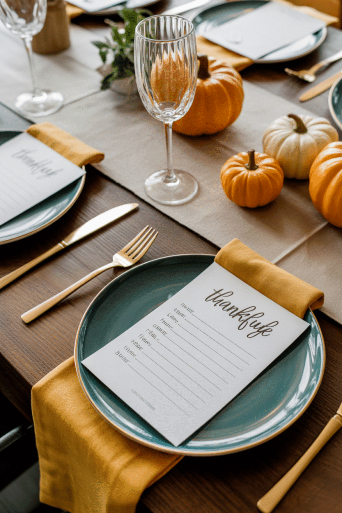 Thanksgiving table with gratitude cards at each place setting.