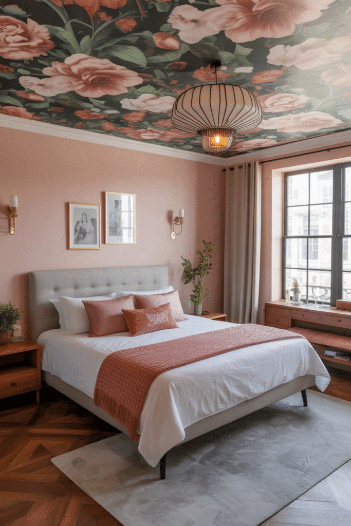 Wallpapered ceiling creates a bold, unexpected focal point in any room.