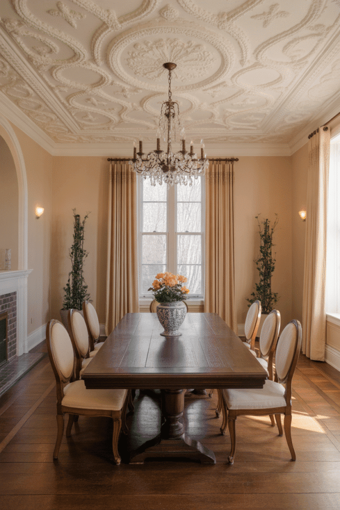 As a part of textured ceiling ideas this picture shows embossed plaster ceiling provides elegant texture and classic detailing.