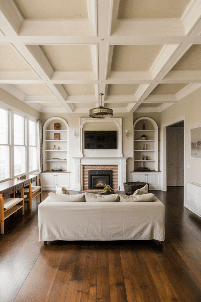 Box beam ceilings bring strong architectural character and depth to large rooms.