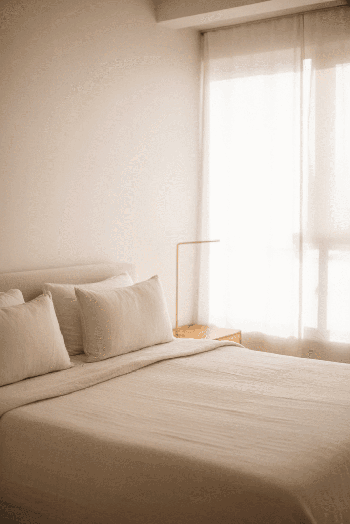 A warm white bedroom base creates a soft, welcoming foundation for layered neutral decor.