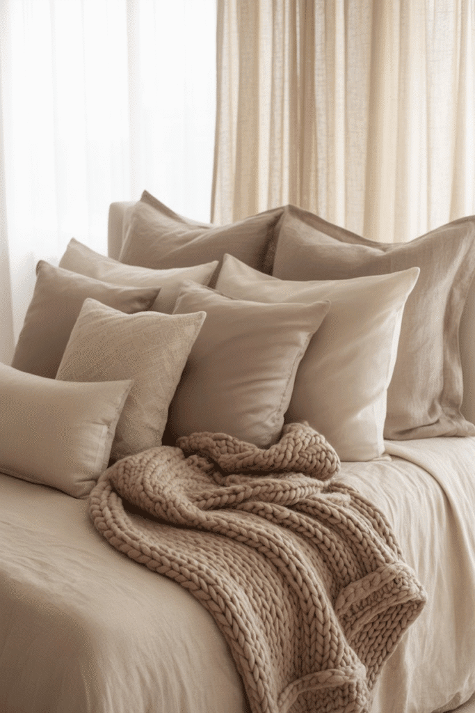 Layered neutral tones in bedding and textiles add depth and cozy sophistication.
