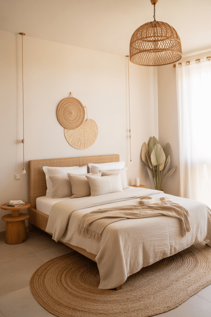 Natural textures like linen and rattan create a rich, tactile neutral bedroom.