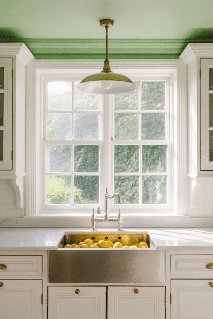 As a partof green kitchen ideas this picture shows soft green ceiling offers a subtle yet charming pop of color in a bright kitchen.

