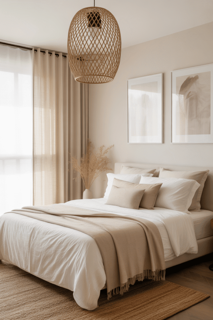 A statement light fixture adds character and acts as a visual focal point in a serene space.