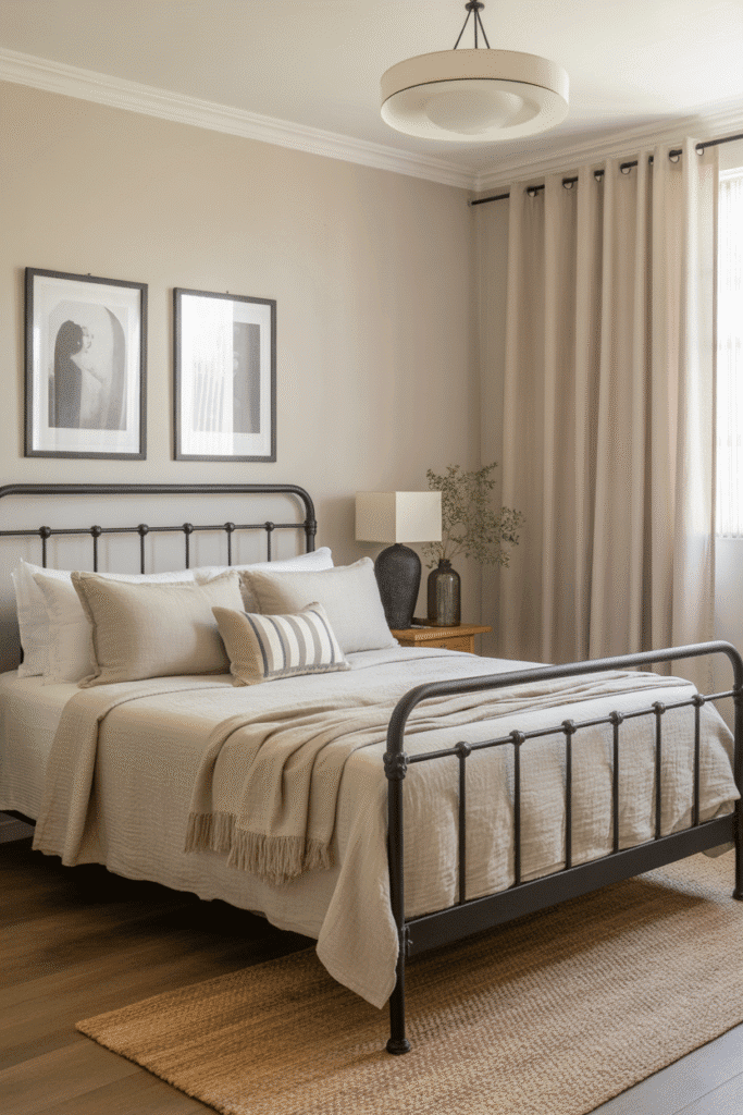 Black accents provide grounding contrast in a light, neutral bedroom.