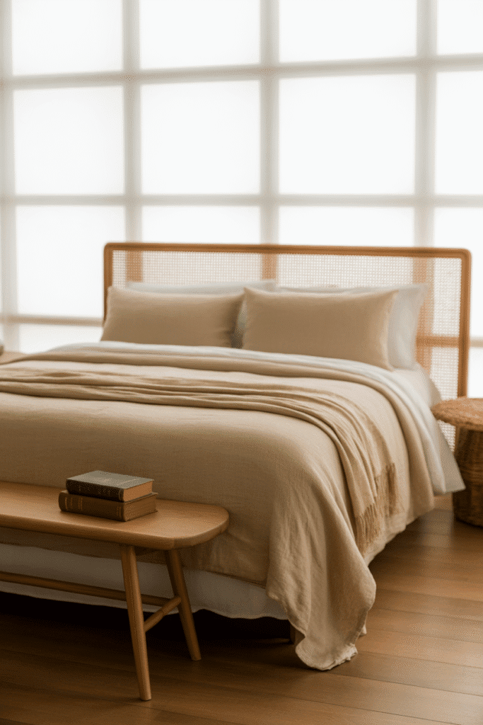 Black accents provide grounding contrast in a light, neutral bedroom.