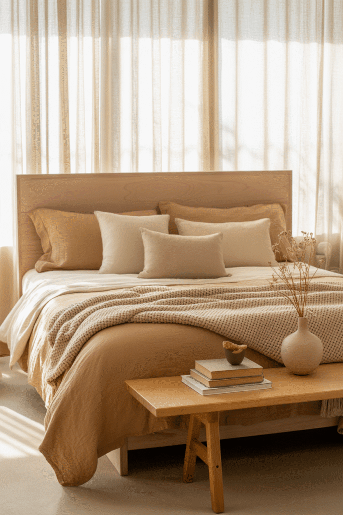 Luxurious, solid-colored bedding enhances comfort and minimal elegance.