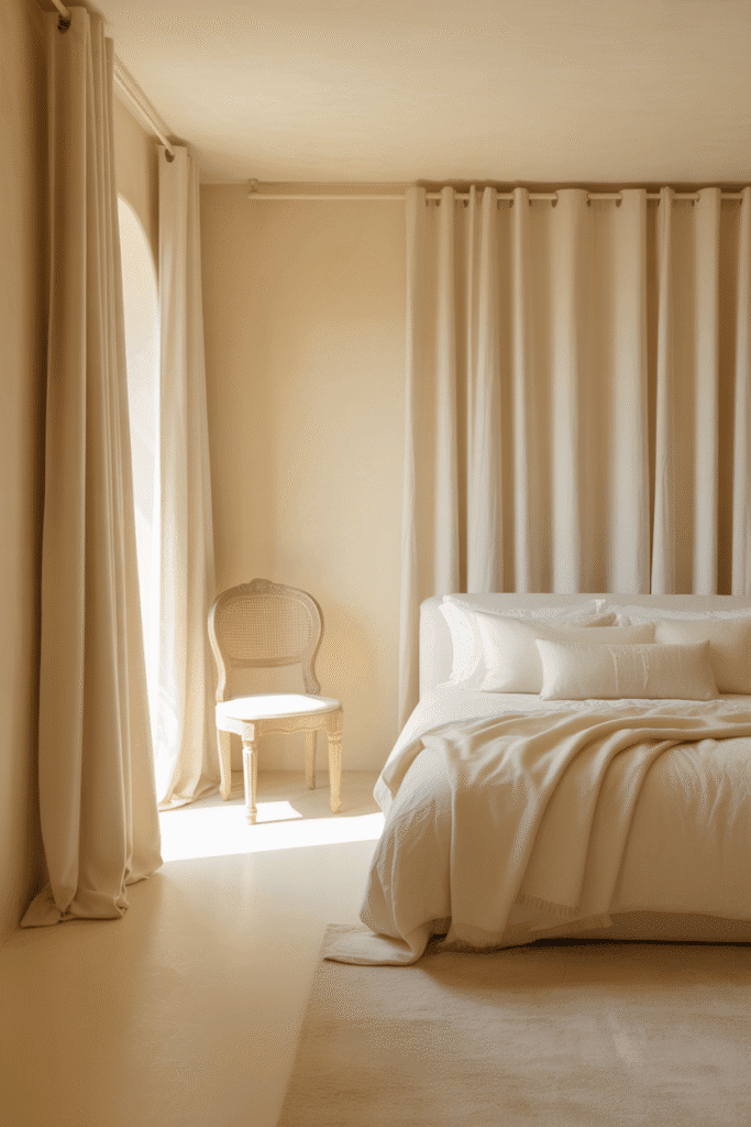 A monochrome neutral scheme creates a clean, cohesive, and tranquil space.