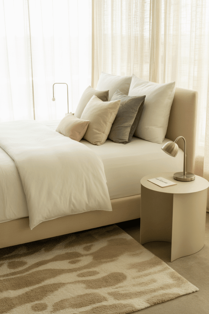 A cozy rug under the bed defines the space and adds softness underfoot.