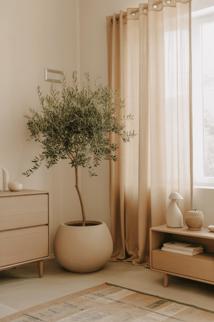 Greenery adds a fresh, natural accent to an otherwise neutral bedroom.