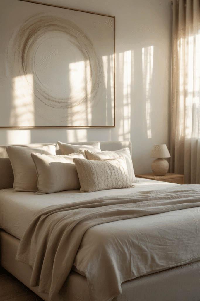 Oversized wall art in neutral tones brings scale and sophistication to the room.