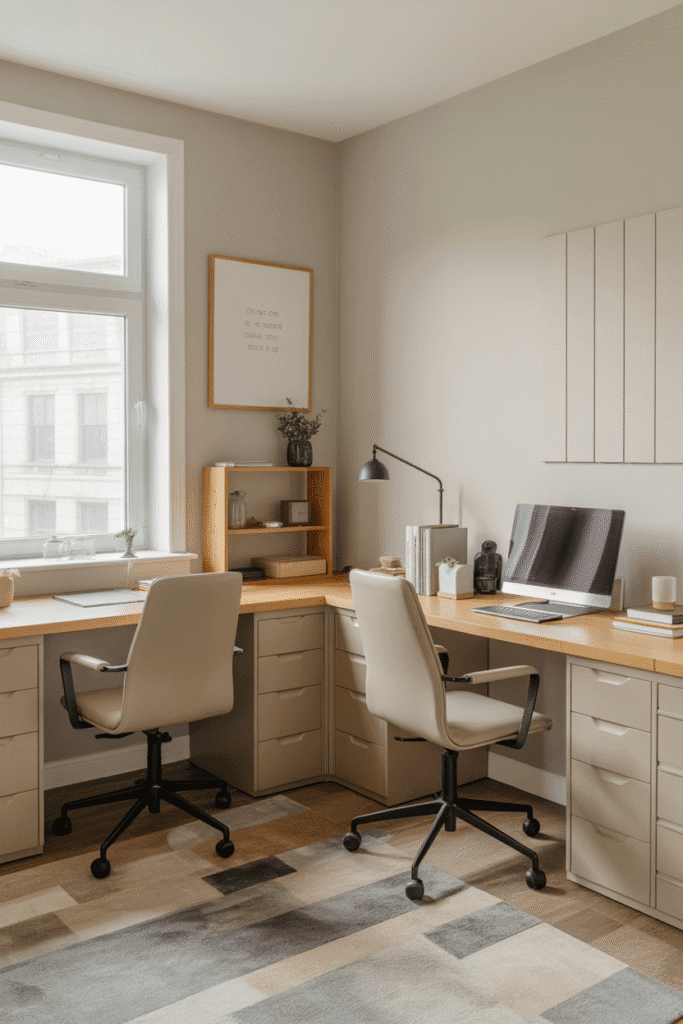 As a part of home office ideas for two this picture shows a shared home office showing two desk layouts: side-by-side and back-to-back for different work styles.