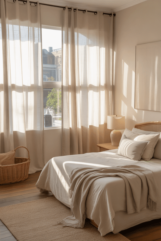 Light, breathable curtains soften the room and enhance the airy feel.