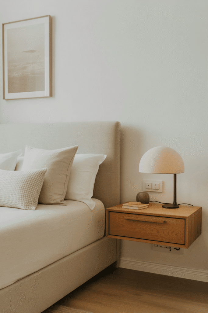 Floating furniture keeps things light and minimal in a calming bedroom design.