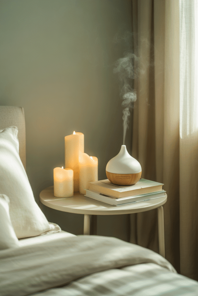 Candles and diffusers add sensory warmth and visual charm to neutral spaces.