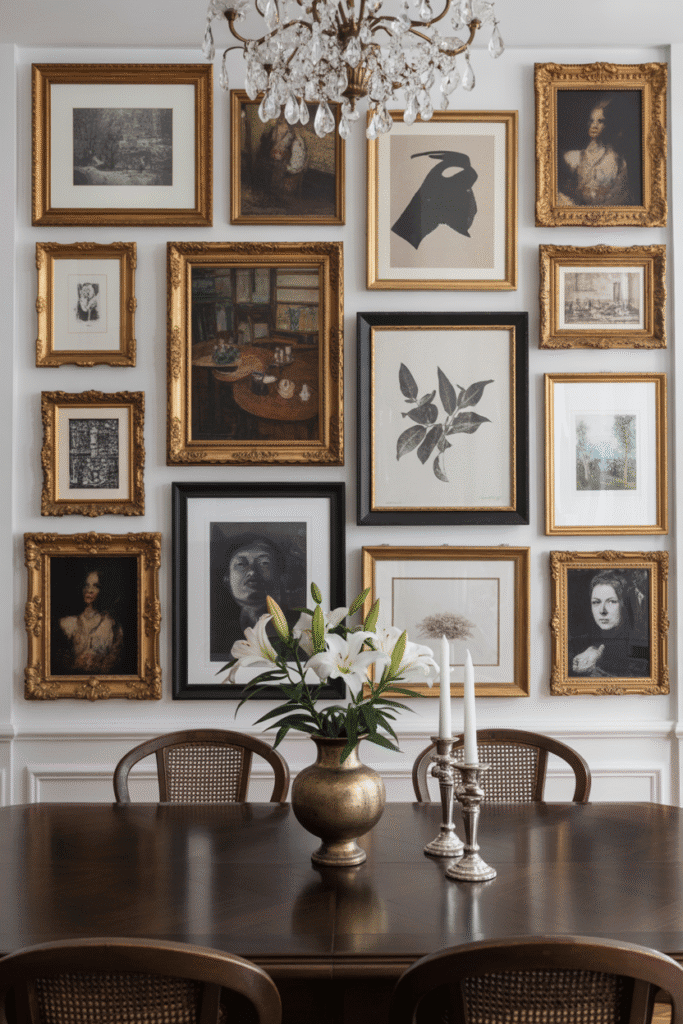 An eclectic gallery wall with mismatched frames brings character and charm to the dining room.