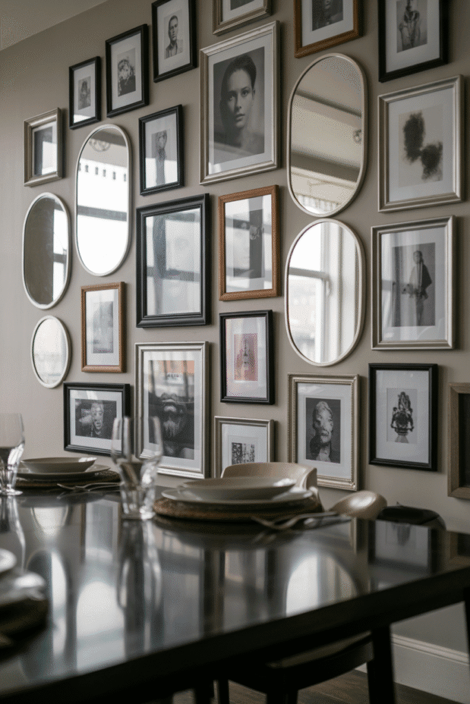 Mirrors mixed with artwork help reflect light and expand small or dark dining spaces.

