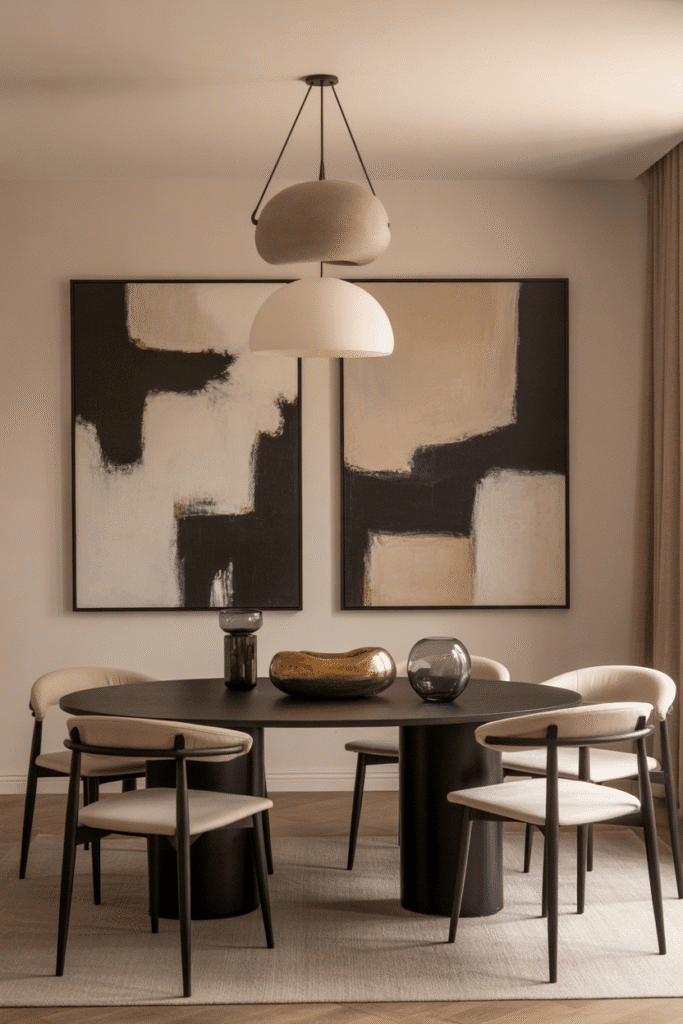 Oversized art pieces create a bold, clean statement on a minimalist dining room wall.

