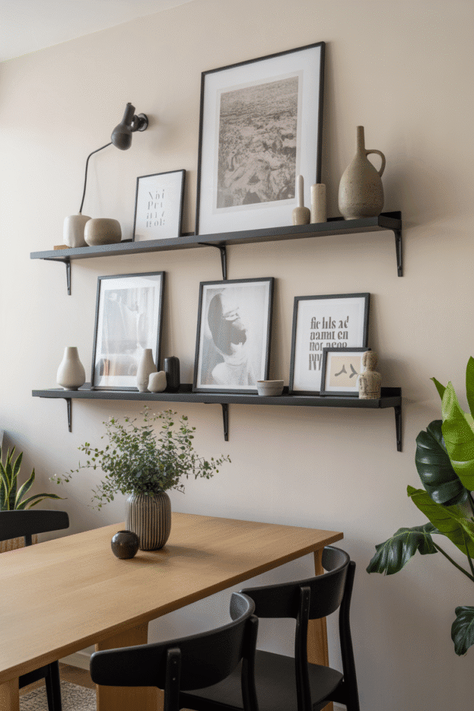 Floating shelves allow easy artwork swapping and add depth to gallery wall designs.

