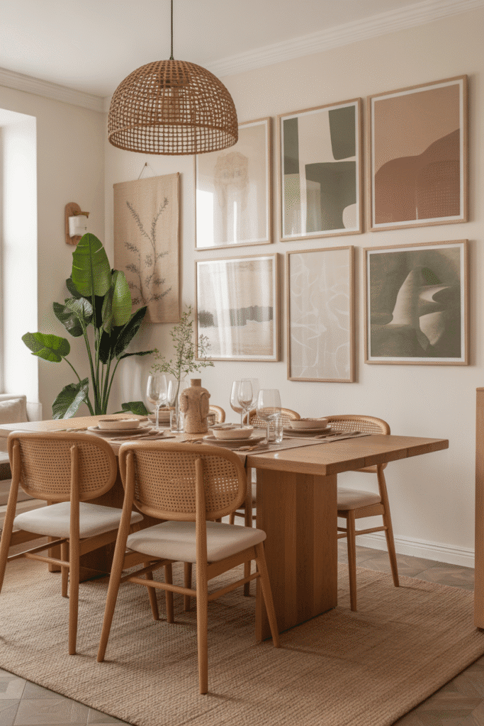 A consistent color palette ties the gallery wall into the overall dining room decor.

