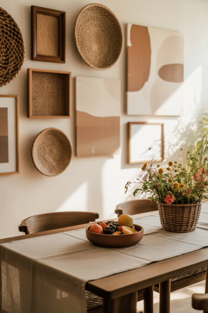 Textural elements like baskets and fabric add dimension and warmth to gallery walls.

