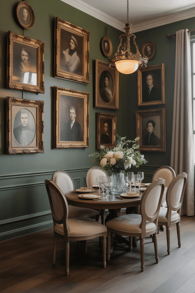 Antique artwork and frames bring nostalgic elegance to gallery walls in classic dining spaces.


