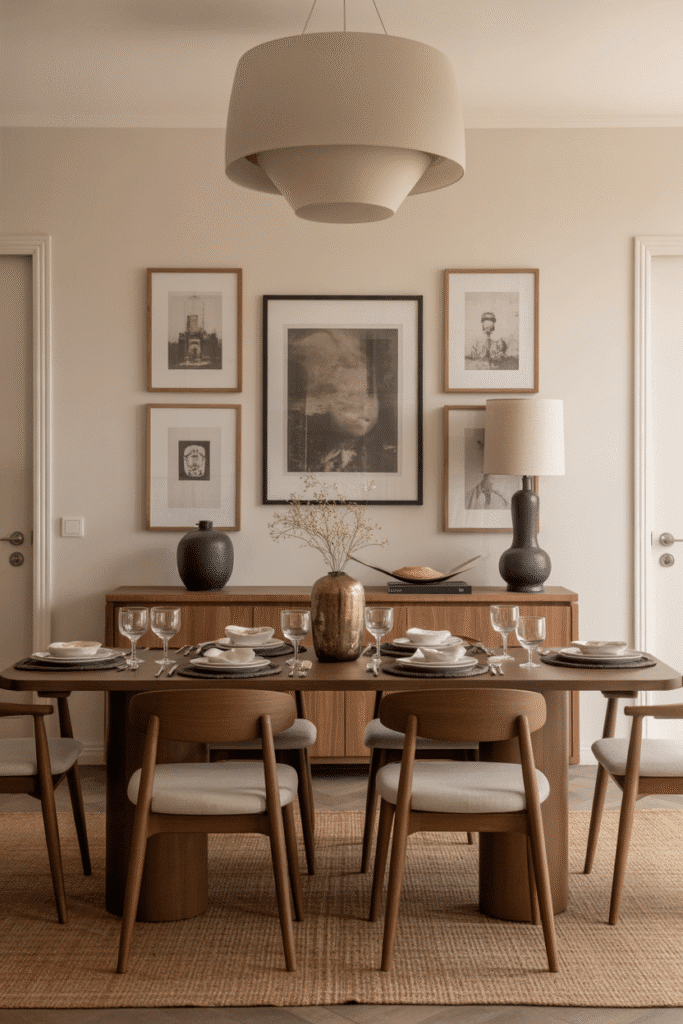 Placing a gallery wall above a buffet anchors the room and enhances vertical space.

