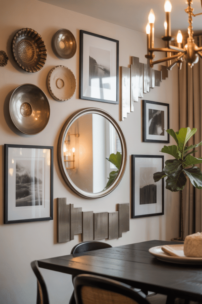 As a part of dining room gallery wall ideas this picture shows sculptural pieces introduce depth and creative flair to a curated wall display.

