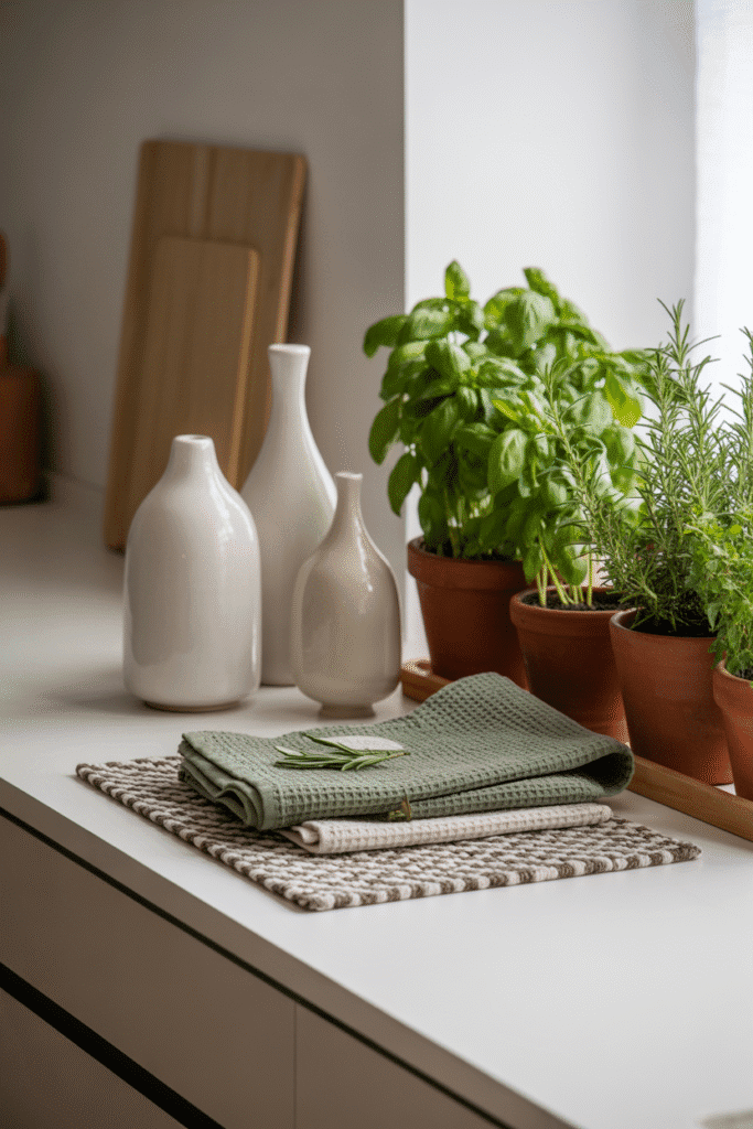 Green kitchen accessories like linens and plants tie together a cohesive decor theme.

